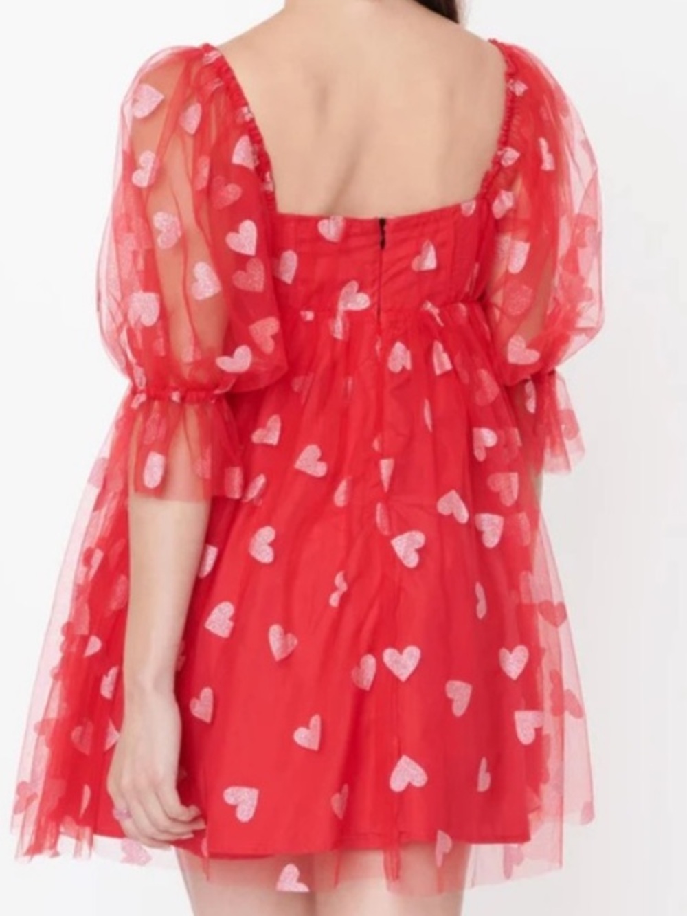 Red Heart-Print Mini Dress - Feminine Puff Sleeve Style - Picture 7 of 12